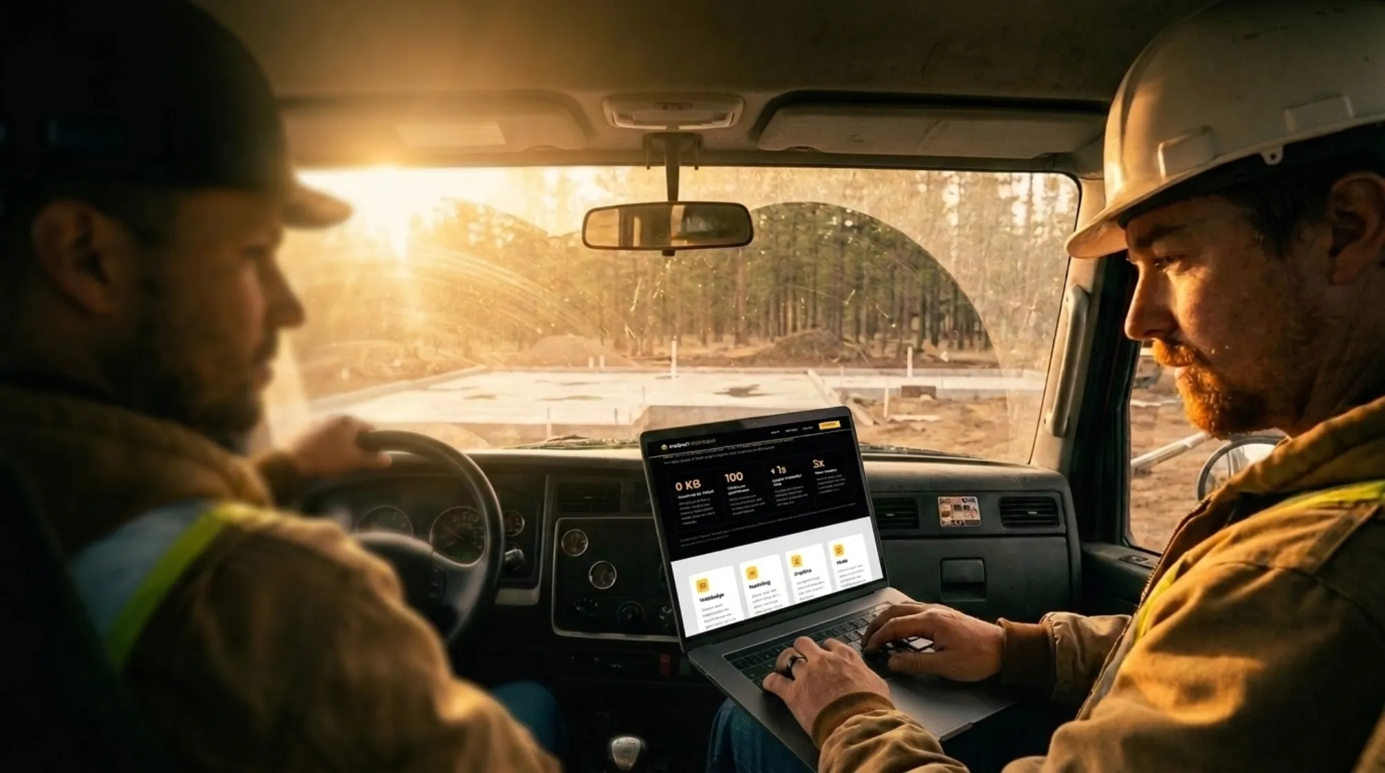 Two workers in a pickup cab at sunset on a job site, one at the wheel and one reviewing a website on a laptop