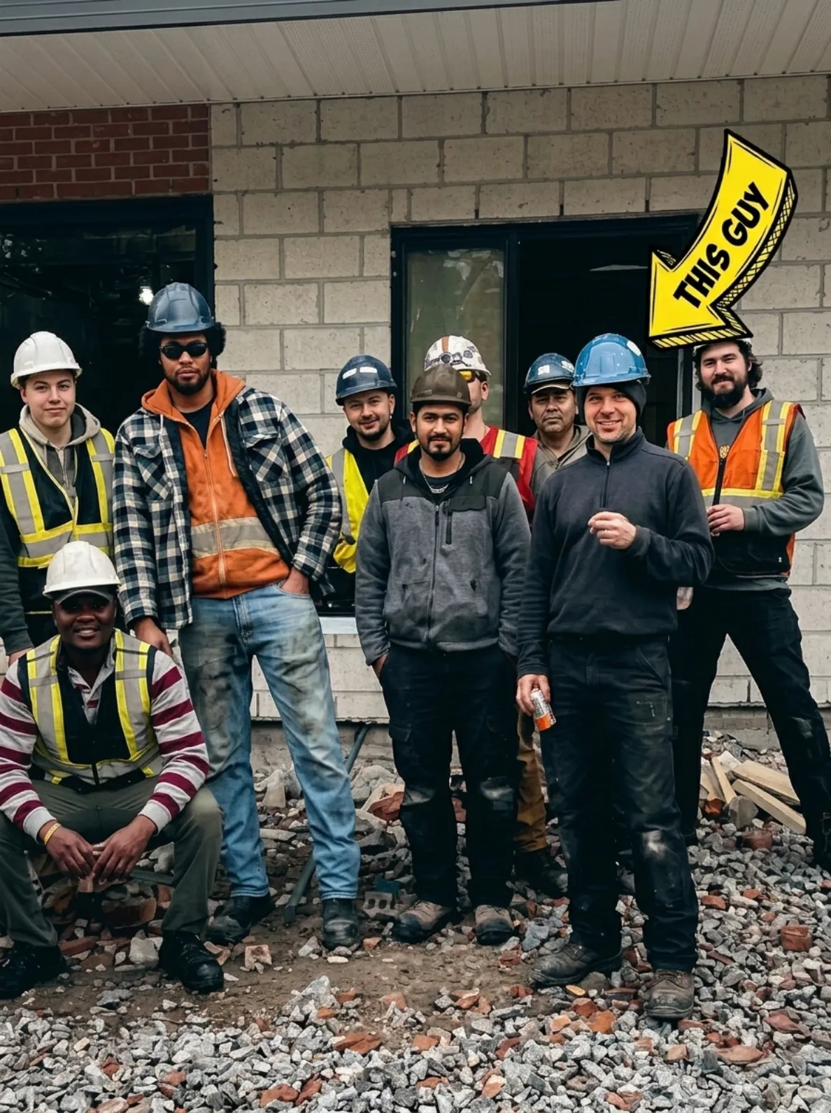 A full site crew lined up outside a half-finished building, with a hand-drawn yellow arrow labelled "This guy" pointing out our founder among them